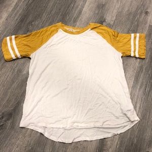 White and yellow t-shirt with striped sleeves